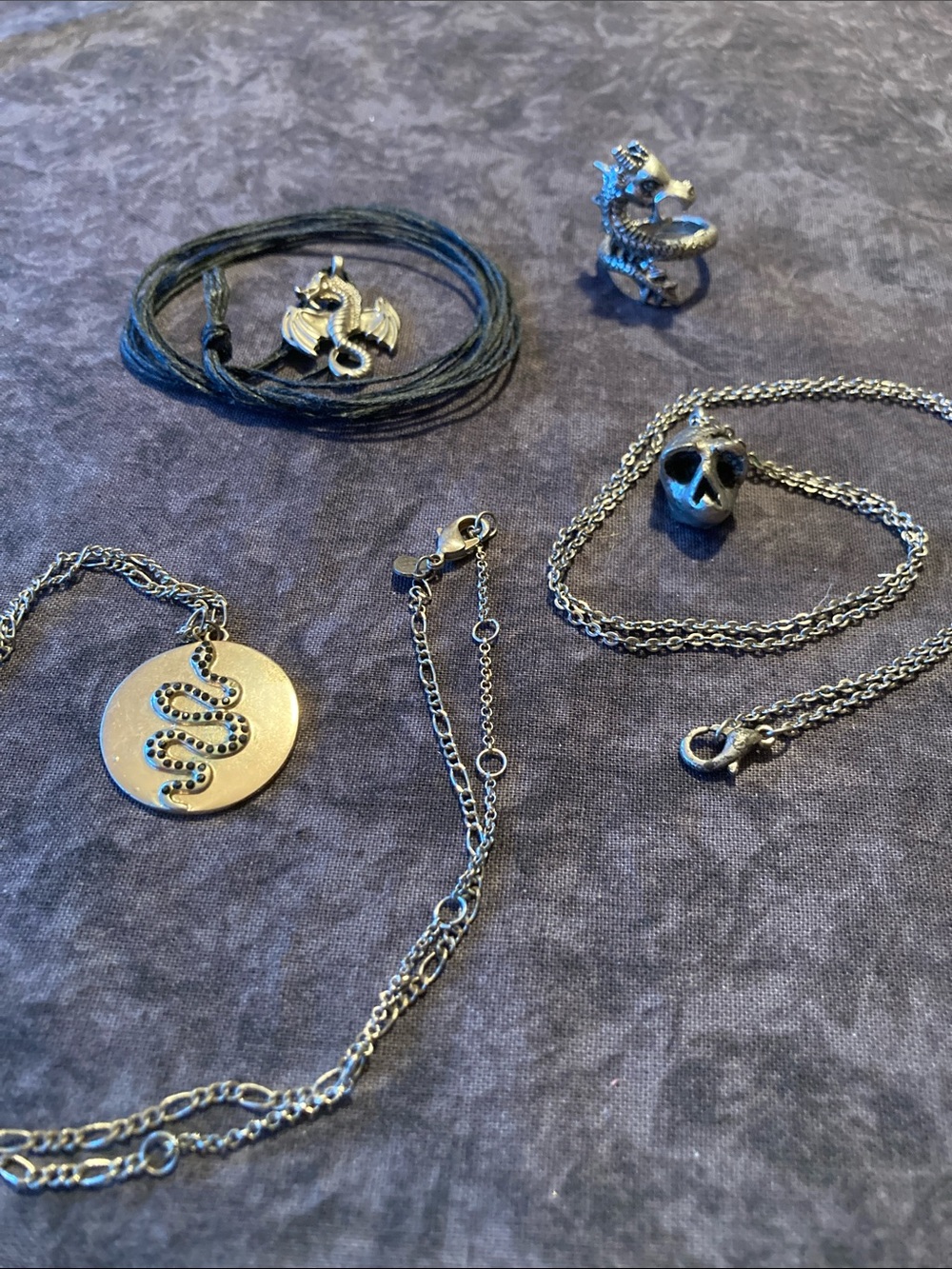 Silver Tone & Black Dragon Skull & Snake Jewelry Set